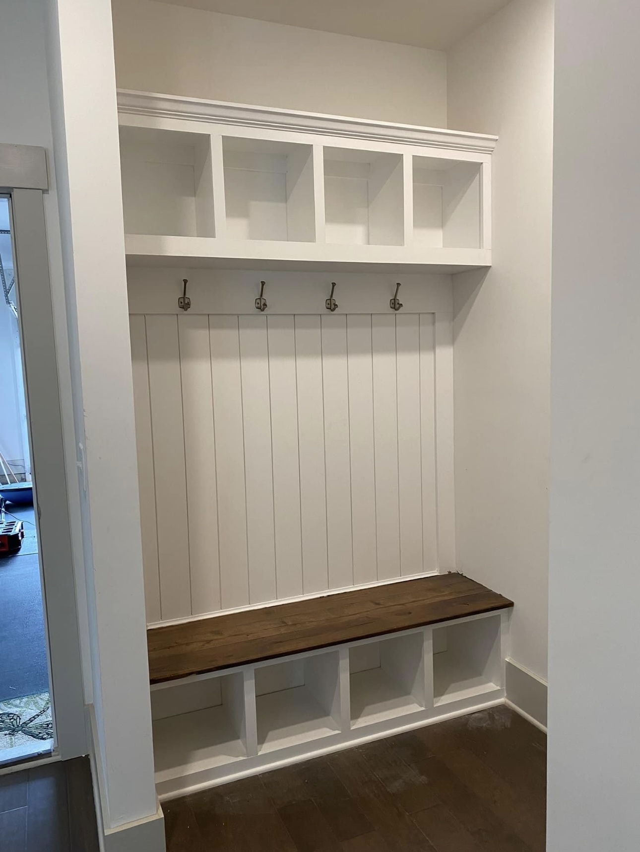 Mudroom bench with hooks and storage