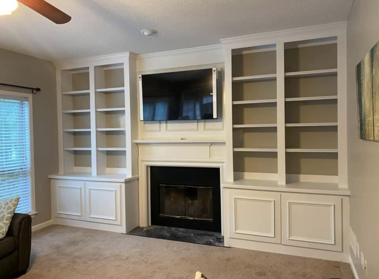 White entertainment center with shelving