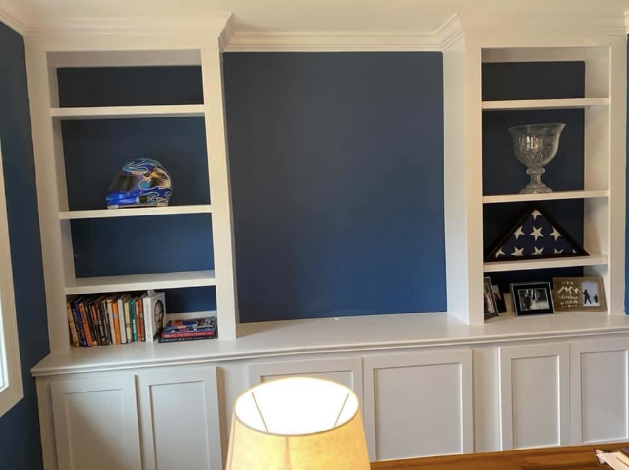 White home office built-in with desk space