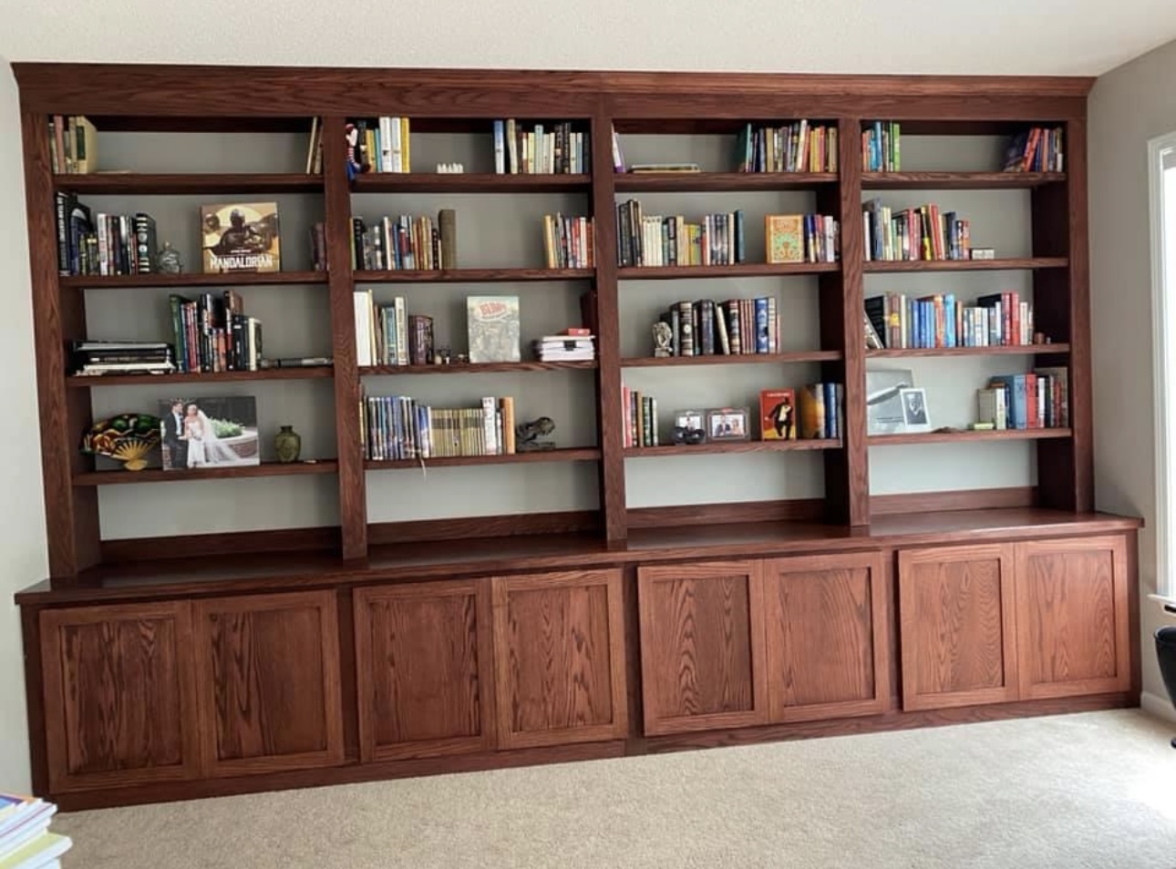 Stained office shelves filled with books