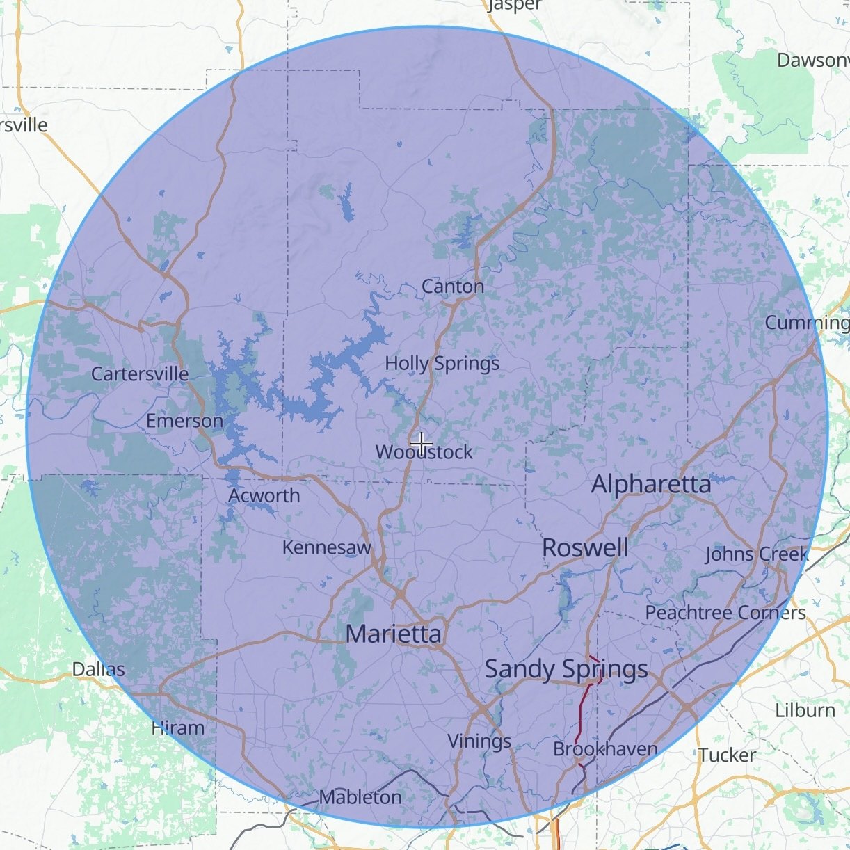 Davis Finish & Millwork service area across North Atlanta, centered on Canton, Georgia