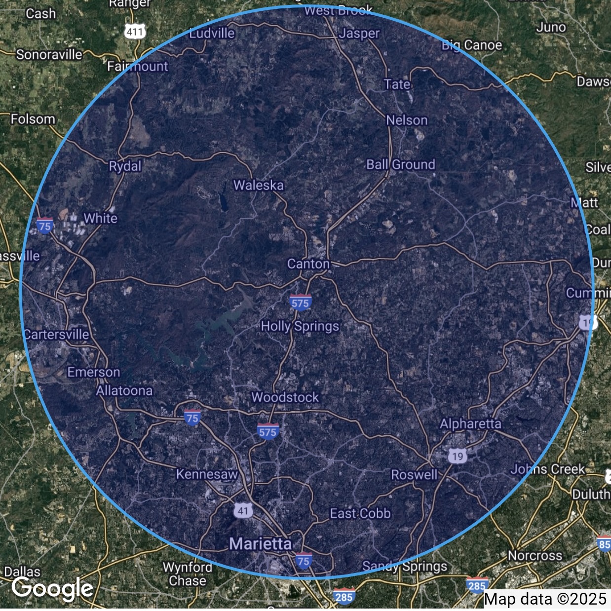 Davis Finish & Millwork Service Area - 20 mile radius from Canton, GA covering Holly Springs, Woodstock, Ball Ground, Waleska, Alpharetta, Roswell, Marietta, and Kennesaw