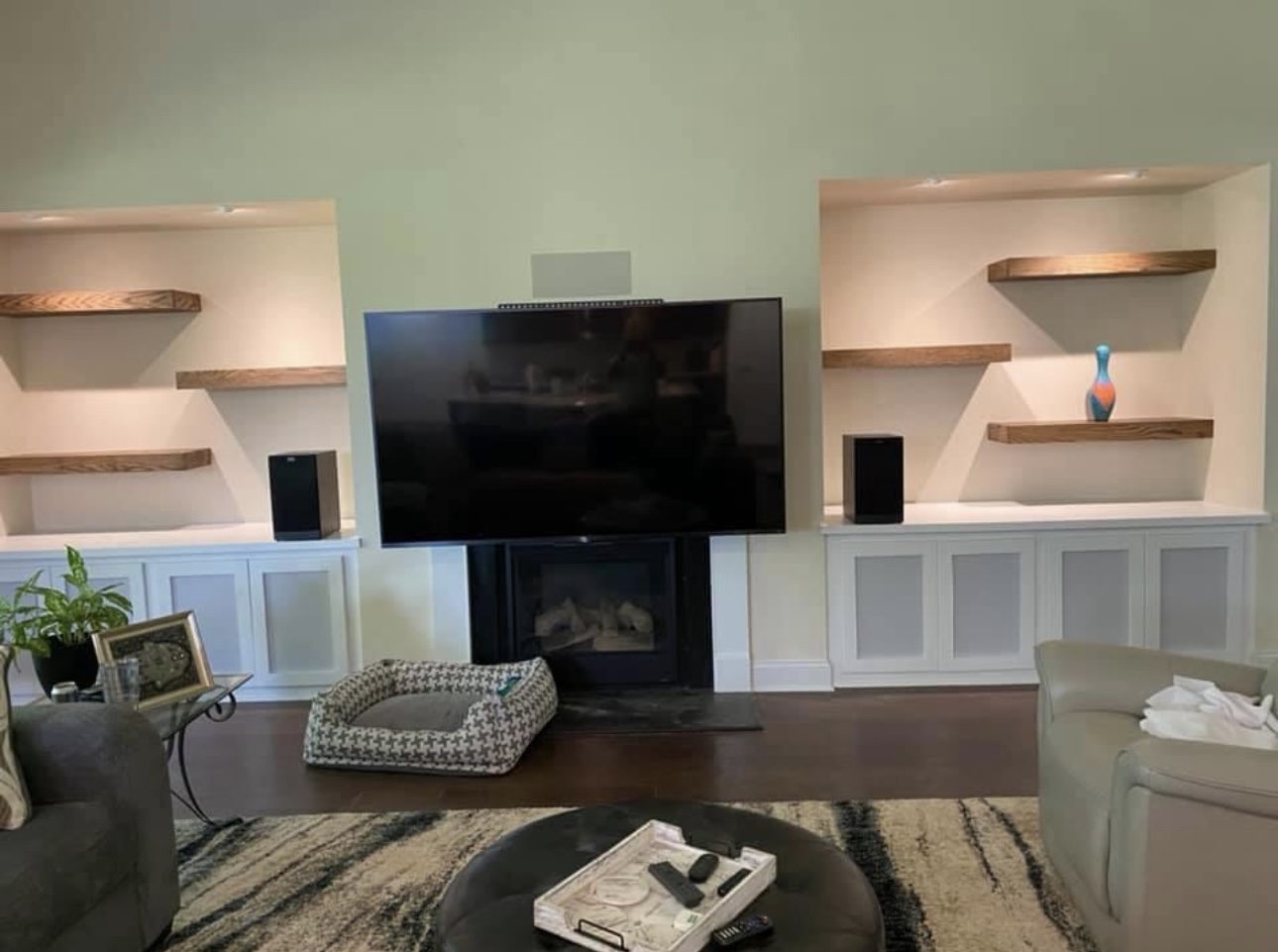 Modern entertainment center with six floating shelves